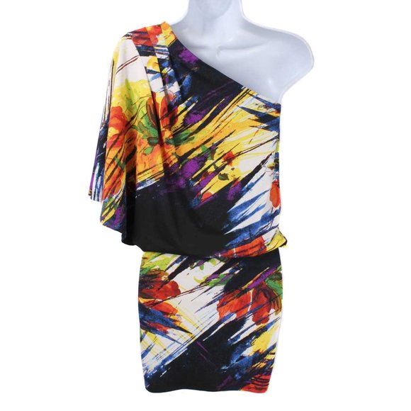 JESSICA SIMPSON Colorful Abstract Pattern 1 Shoulder Banded Bottom Blouson Dress - Picture 3 of 4